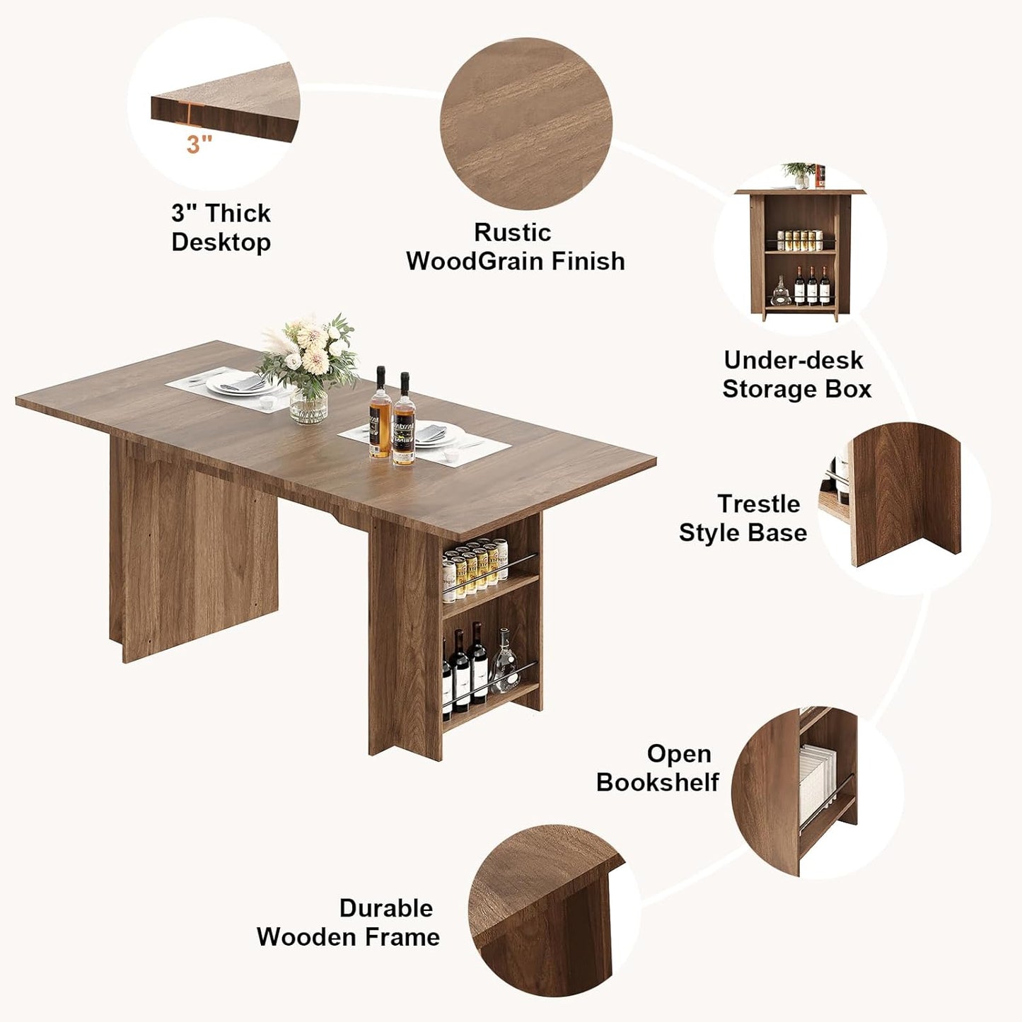 Garvee 63 Inch Dining Table for 2-4, Farmhouse Rectangular Kitchen Table with Waterproof Wood Tabletop, Heavy Duty Legs & 2-Tier Storage Shelves for Kitchen, Dining Room, Walnut