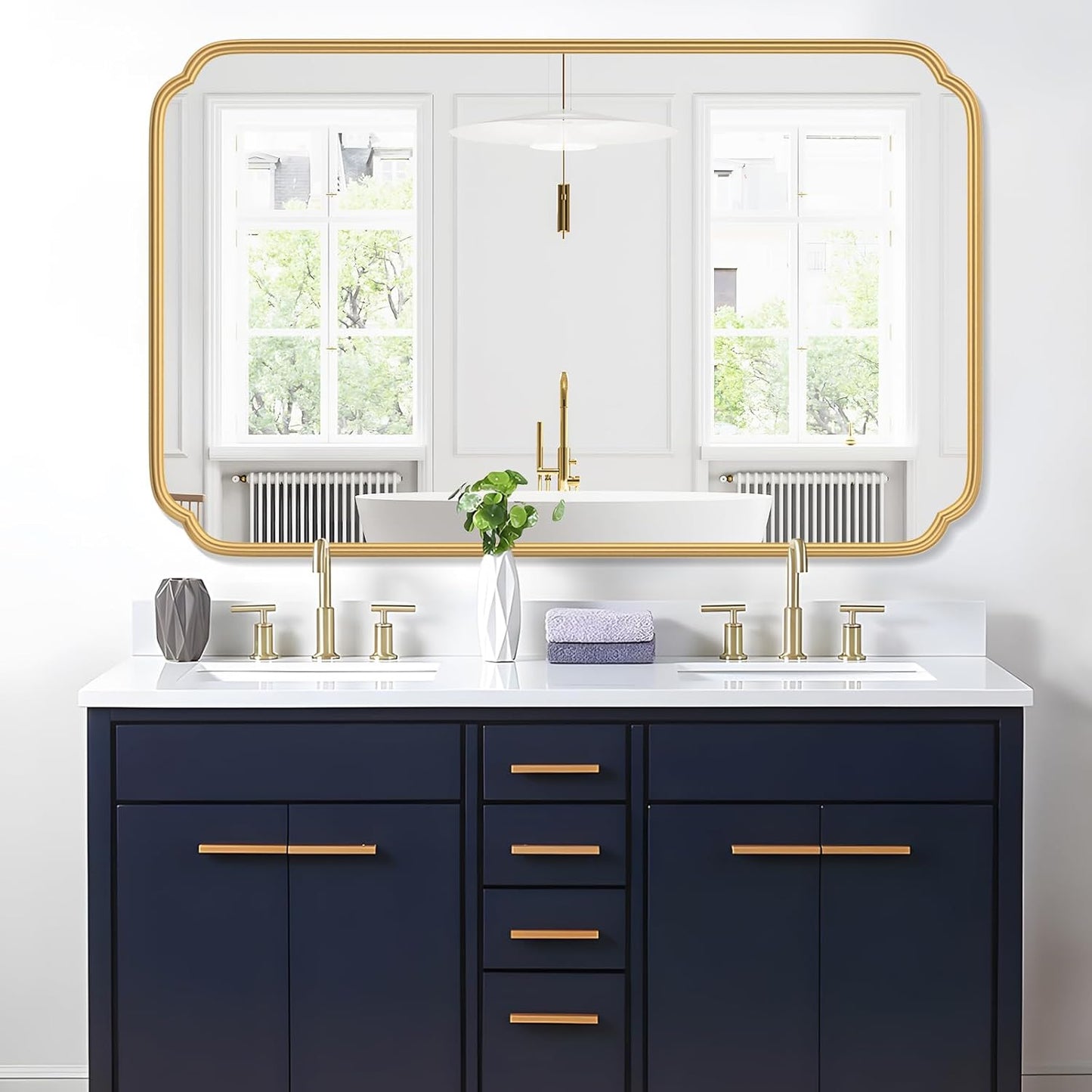 30"x48" Gold Bathroom Mirror for Wall, Large Brass Gold Bathroom Vanity Mirror for Over Sink, Rounded Rectangle Mirror in Premium Iron Metal Frame Hangs Horizontal Or Vertical