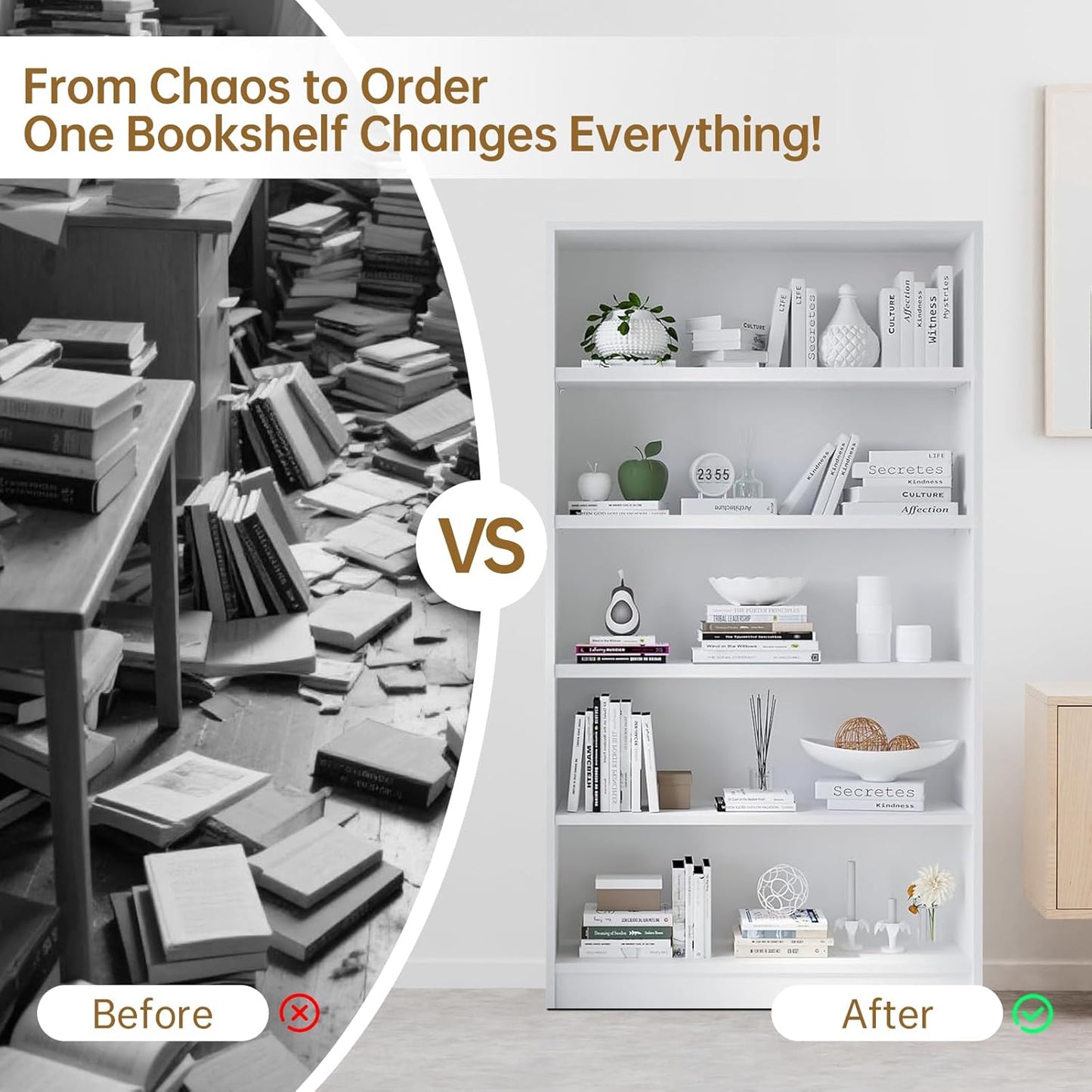 Wooden Bookshelf with Adjustable Shelves, 5 Tier Tall Bookcase for Living Room, Office or Small Spaces,Heavy Dute Bookshelves Storage Organizer, Manga Bookshelf for Collectors,60 Inch,White