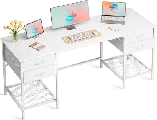 Huuger 63 Inch White Desk with 4 Drawers, Vanity Desk with Mesh Shelf, Large Storage, Computer Desk Office Desk for Home Office, Bedroom, Work from Home