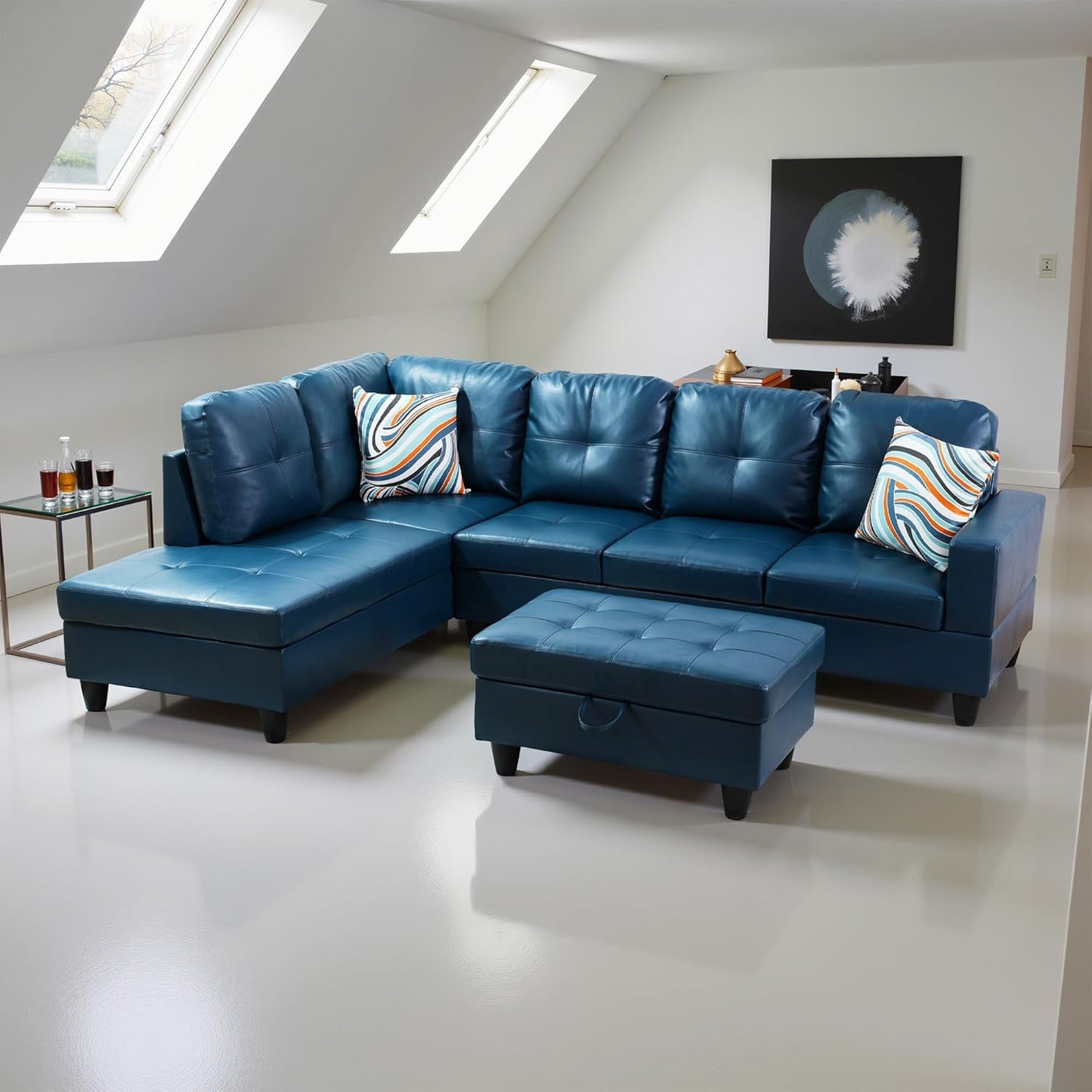 L Shaped Couch PU Leather Sectional Couch Upholstered 3 Pieces Sofas for Living Room with Chaise, Storage Ottoman for Office and Small Apartment, Peacock Blue