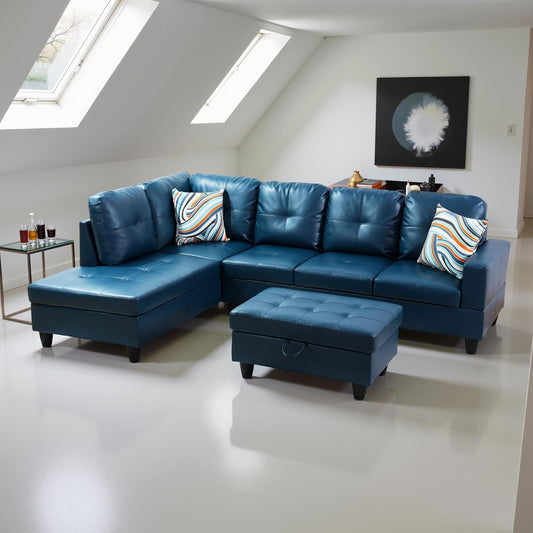 L Shaped Couch PU Leather Sectional Couch Upholstered 3 Pieces Sofas for Living Room with Chaise, Storage Ottoman for Office and Small Apartment, Peacock Blue