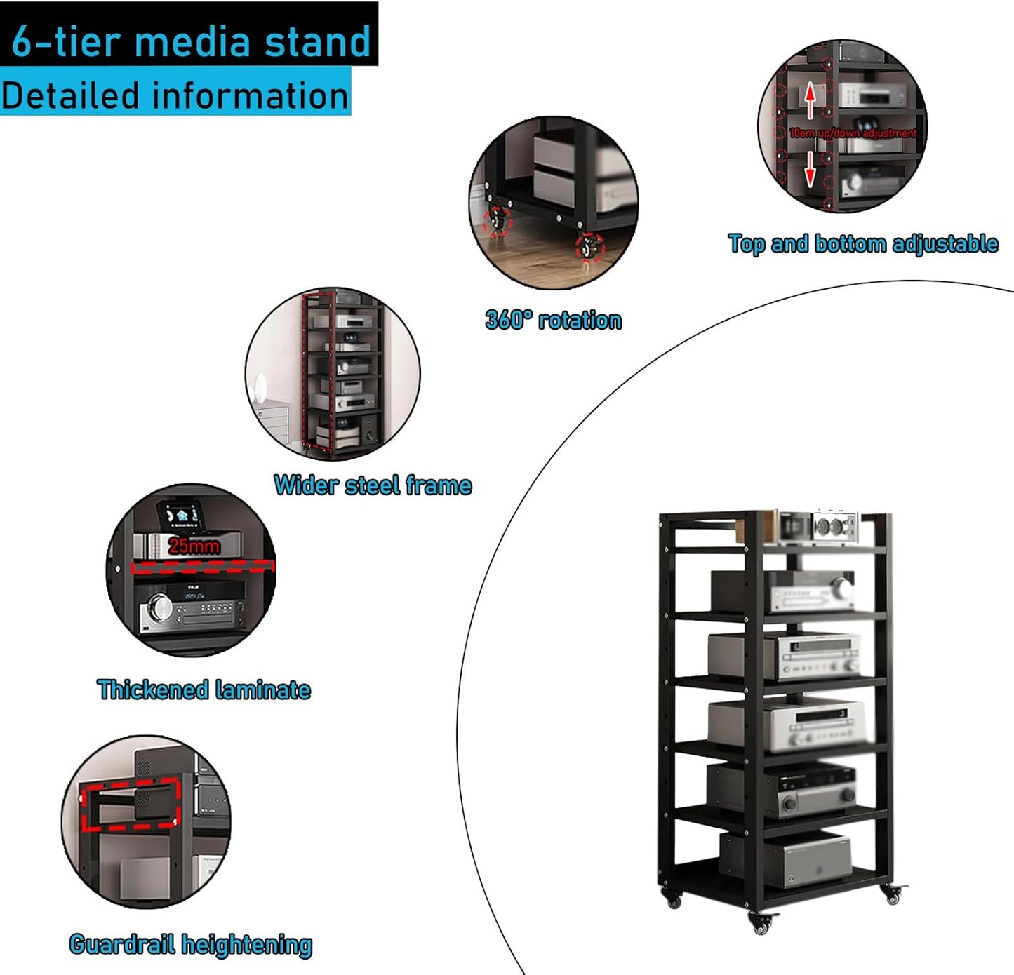 6 Tier Audio Rack Tower, CD Record Player Stereo Receiver AV Equipment Cabinet Display Rack, Weight Capacity 661 lbs, with Adjustable Wooden Shelves for Home (BIACK, 6 Tier 47×19.7×15.7IN)