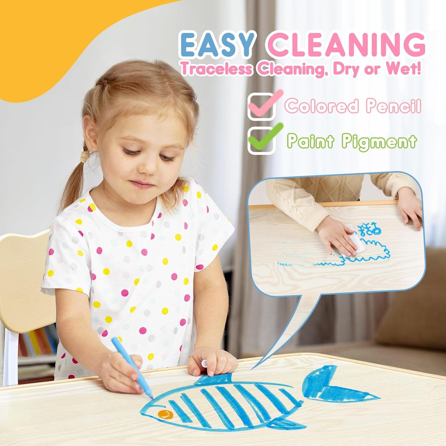 Kids Table & Chair Set with Adjustable Toddler-Safe Non-Slip Legs, Activity & Graffiti-Proof Desktop Ages 3-12