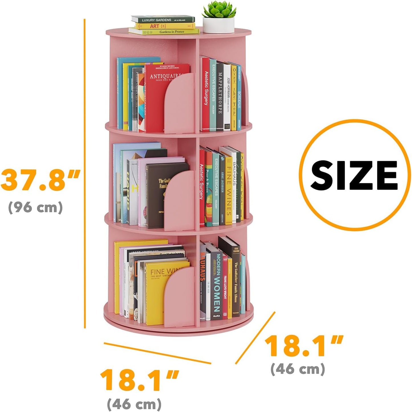 SpaceAid 3 Tier Rotating Bookshelf Tower, Spinning Bookcase Lazy Susan, Revolving 360 Book Shelf Storage Round Carousel, Vertical Rotate Turning Spiral Corner Organizer, Pink