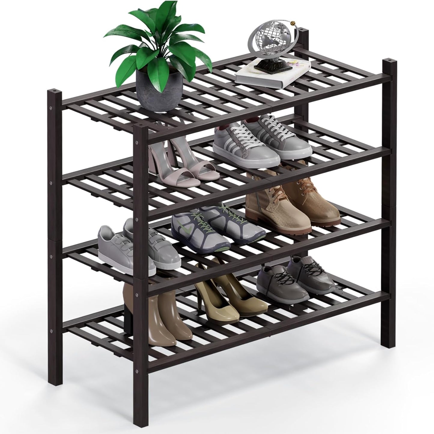 Haddockway 4 Tier Bamboo Shoe Rack Storage Organizer, Multifunctional Free Standing Stackable Shoe Shelf with Grid Panel for Closet,Hallway,Entryway,Small Space 27"x11"x26"(Brown, 4 Tier)