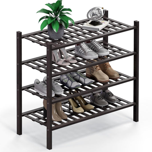 Haddockway 4 Tier Bamboo Shoe Rack Storage Organizer, Multifunctional Free Standing Stackable Shoe Shelf with Grid Panel for Closet,Hallway,Entryway,Small Space 27"x11"x26"(Brown, 4 Tier)