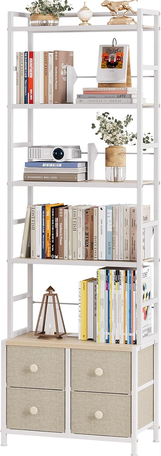 5 Tier Bookshelf, Modern Bookcase with Bookends and 4 Drawers Storage Organizer, Metal Industrial Display Shelf, Free Standing Storage Shelving Unit for Bedroom, Living Room and Home Office