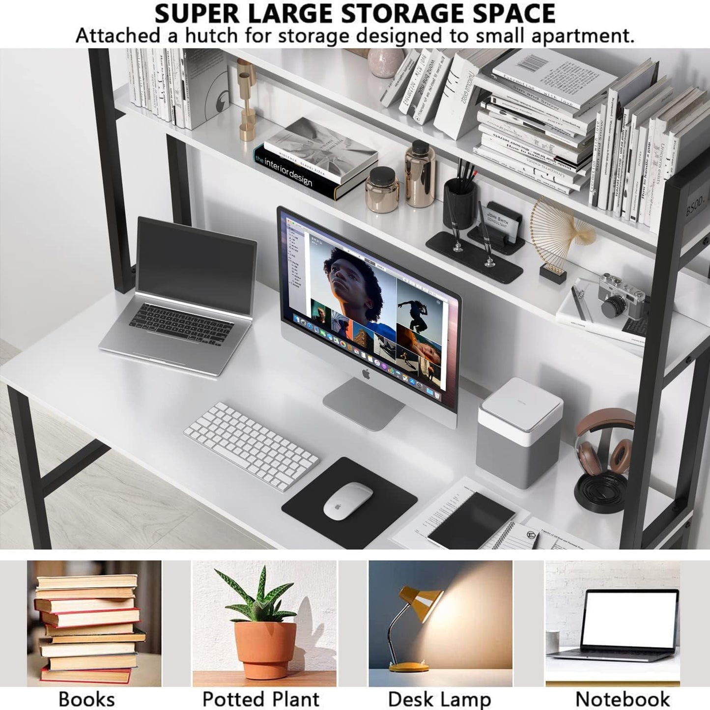 Aquzee Computer Desk with Shelves, 47" W x 23.6" D Gaming Desk with Hutch and Bookshelf, White Study Table for Bedroom Space Saving with 3 Tier Storage Shelf, Home Office Desk for Writing Work