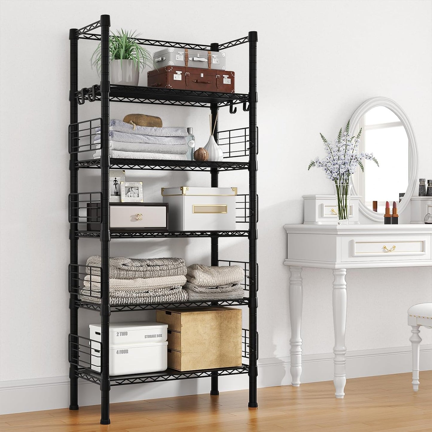 Metal Storage Rack, Storage Organizer Shelves for Kitchen, Bathroom, Living Room, Balcony and Garage, 5 Tiers Narrow Bookshelf, 21.2" W x 9.4" D x 59.2" H, Load 400lbs, Black