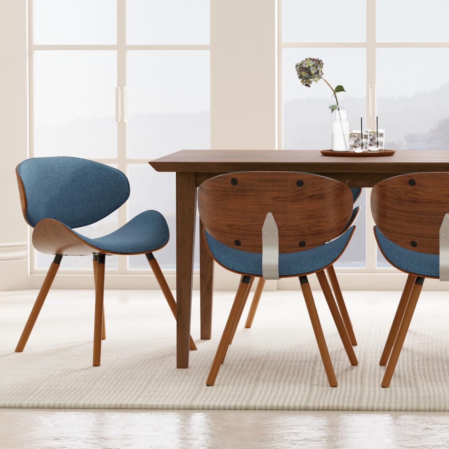 SIMPLIHOME Marana Dining Chairs - Upholstered Bentwood Back and Linen-Style Fabric Kitchen Chair in Denim Blue, Mid-Century Modern Ergonomic Dining Room Seating with Contoured Seat and Beech Wood Legs