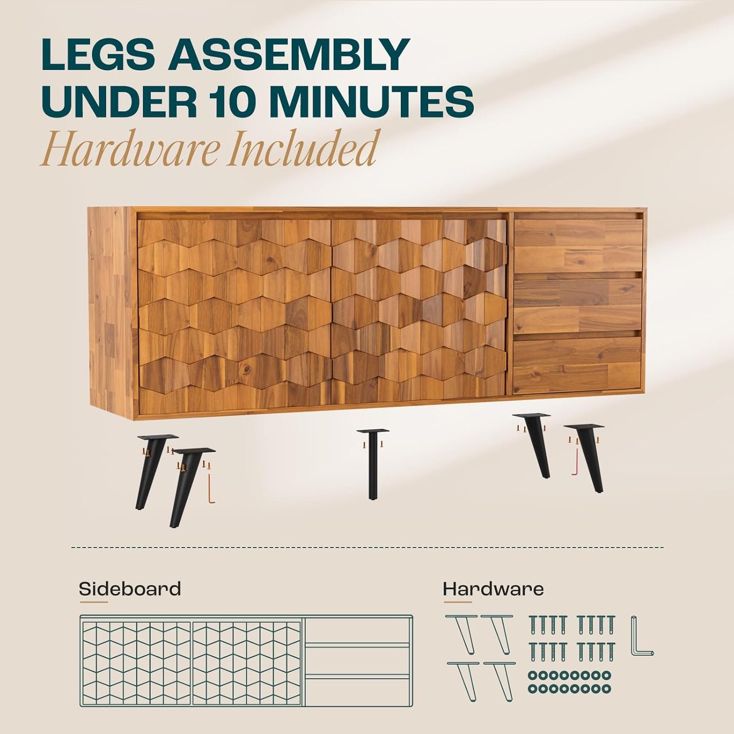 Bme Sideboard Georgina Solid Wood 2 Doors & 3 Drawers, 61'' Mid Century Modern Cabinet with Geometric Pattern for Kitchen, Dining, Living Room, Teak Brown