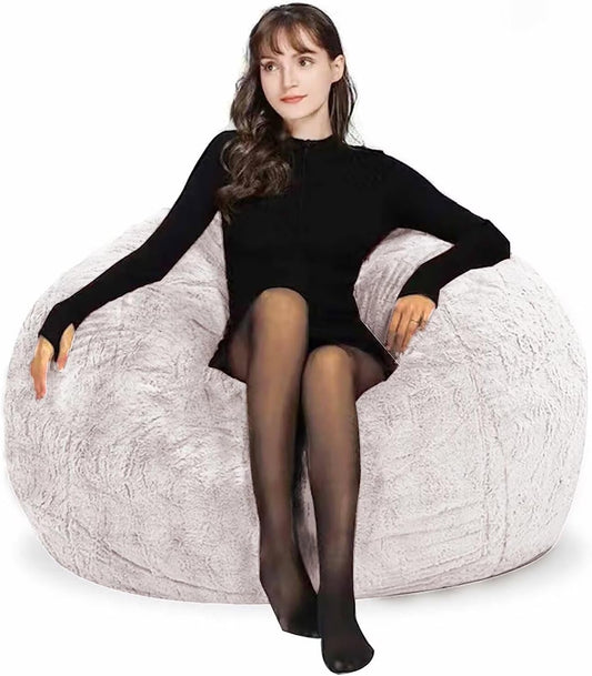 Bean Bag Chair Cover for Adults Kids Comfy Fluffy Oversized Round Beanbag Chair Lazy Sofa Cover for Reading Chair Floor Chair, 3.5FT, White