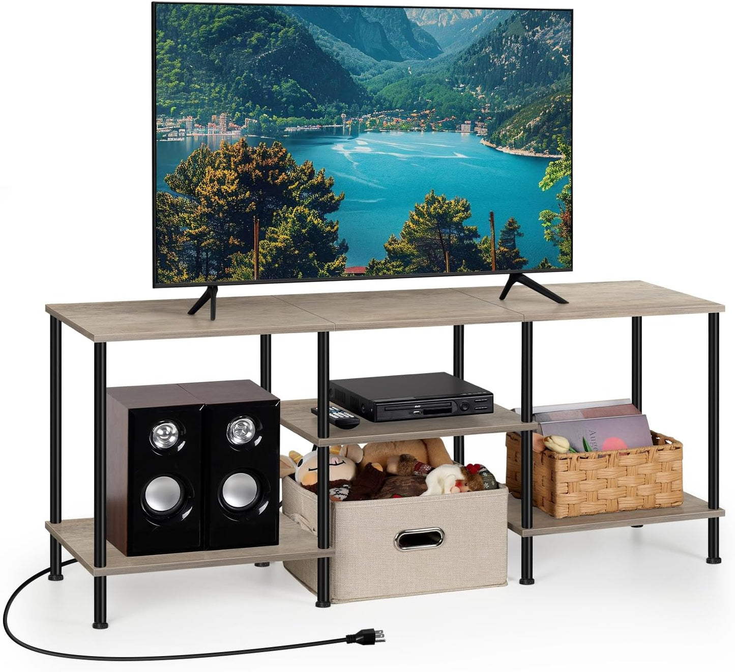 50 Inch TV Stand with Power Outlet Small Entertainment Center with Storage 3 Tier TV Consoles for Living Room Bedroom Office, Farmhouse TV Media Console Table for 50 43 40 32 Inch TV, Rustic Grey