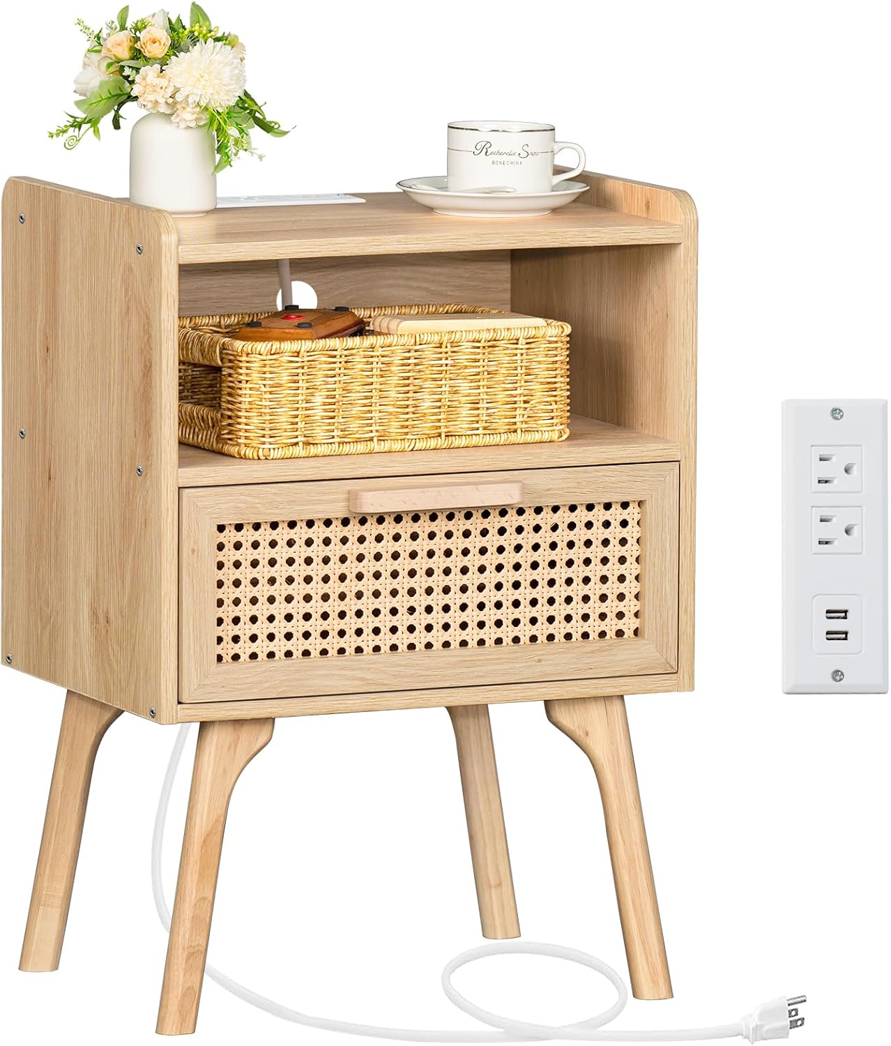 Lerliuo Rattan Nightstand with Charging Station, Boho Side Table with Drawer Open Shelf, Cane Accent Bedside End Table for Bedroom, Dorm and Small Spaces