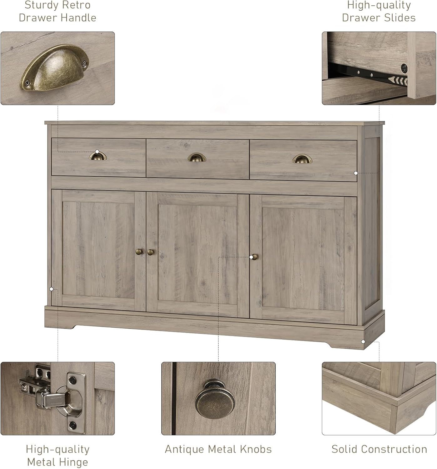 Keyluv Buffet Storage Cabinet, Sideboard Farmhouse Server Bar Wine Cabinet with 3 Drawers & 3 Doors Adjustable Shelves Console Table for Kitchen, Dining Living Room Cupboard, Grey Wash