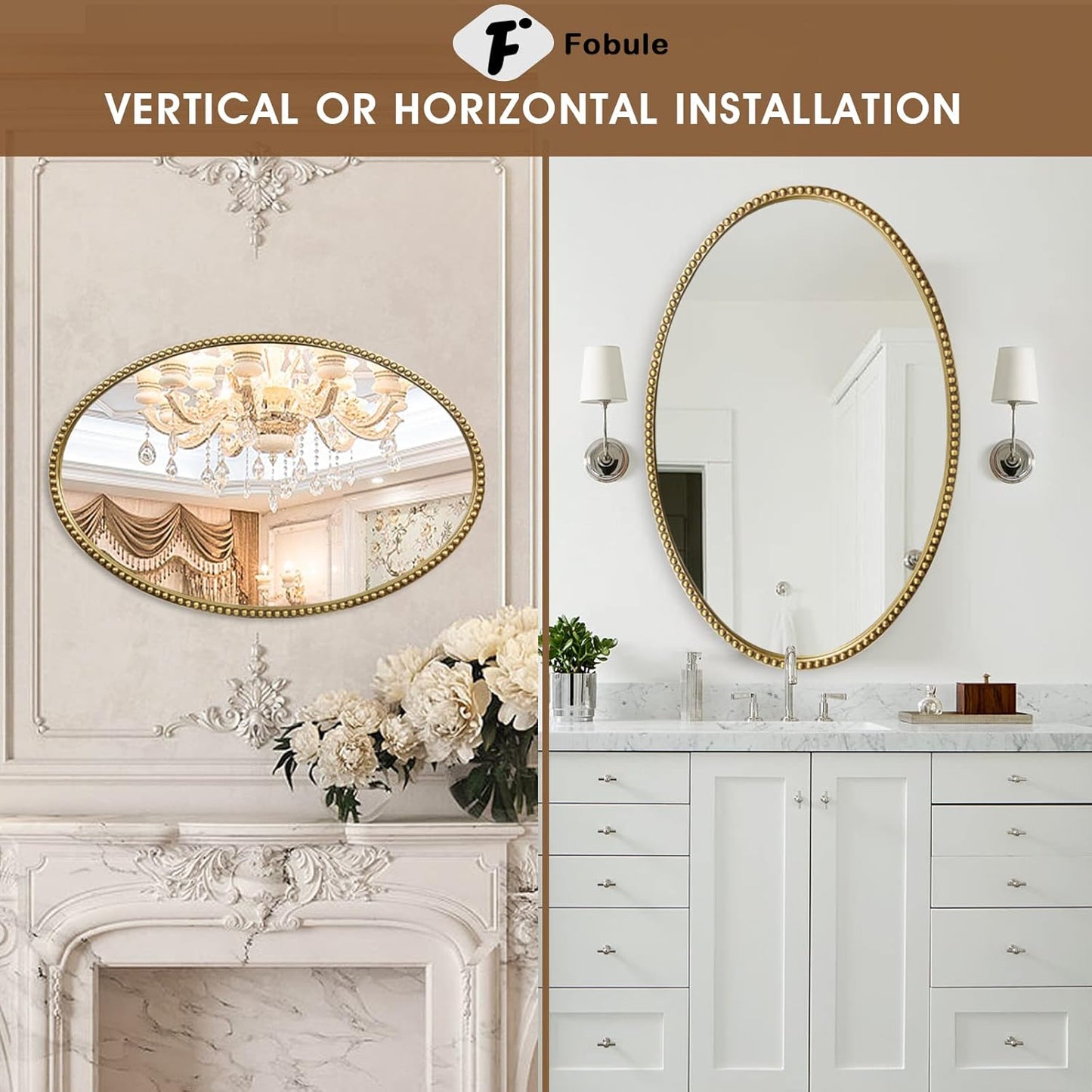 Oval Wall Mirror for Bathroom, 26"x39" Antique Gold Metal Beaded Frame Decorative Accent Mirror, Large Hanging Vanity Mirror for Bedroom, Living Room, Entryway