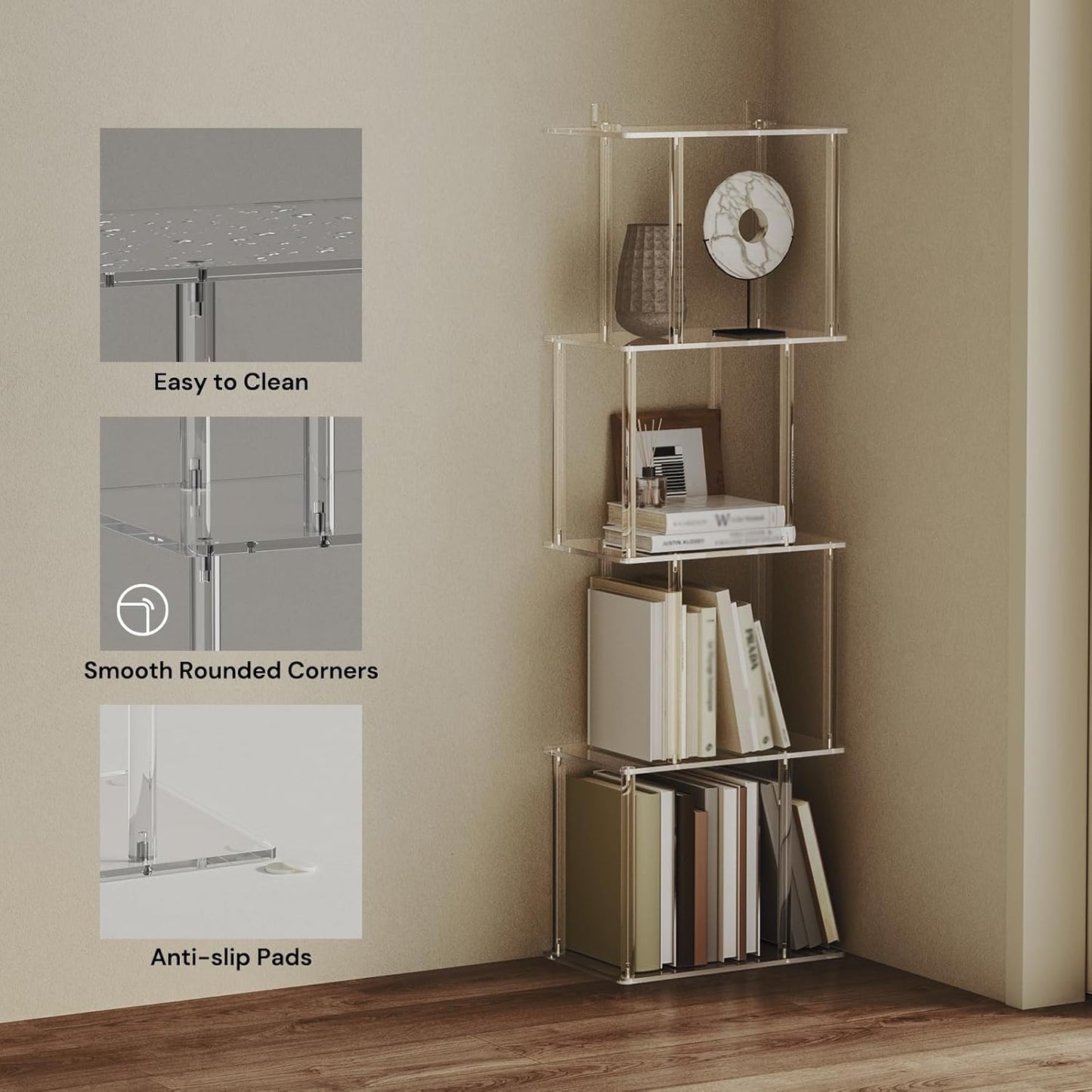 Acrylic Geometric Bookshelf for Small Spaces, 5-Tier Clear S Shaped Bookcase, Modern Open Book Shelf for Living Room, Bedroom, Office, 9.3" D x 15.6" W x 48.8" H, Easy Assembly