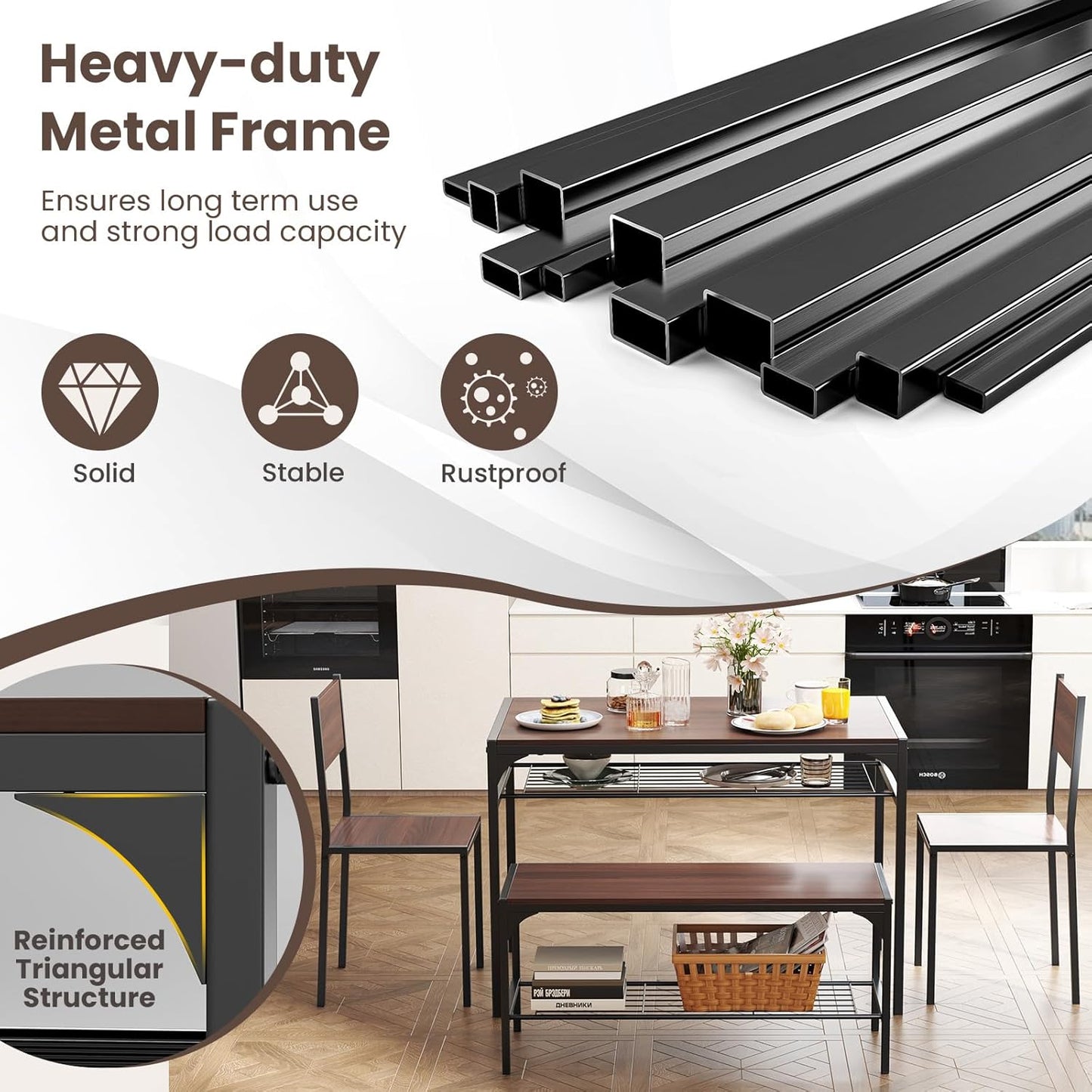 Tangkula Dining Table Set for 4, Kitchen Table and 2 Chairs for 4 with Bench, Additonal Storage Rack, 4 Piece Dining Table Set for Small Space, Apartment