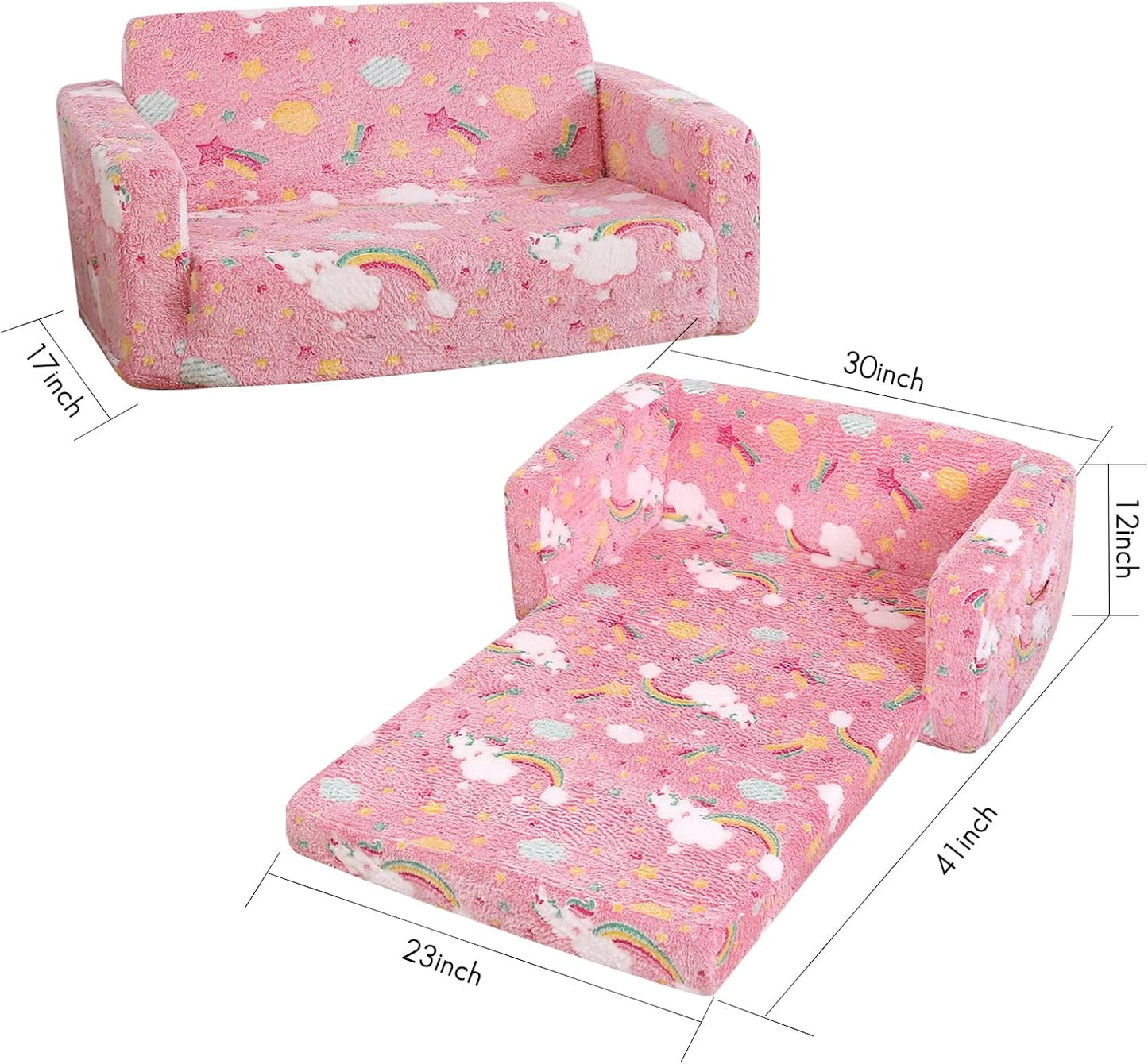Foldable Kids Sofa Extra Wide for 2 Seats, Soft Kids Fold Out Couch Glow in The Dark,Convertible Sofa to Lounger Toddler Sofa Chair(Rainbow)