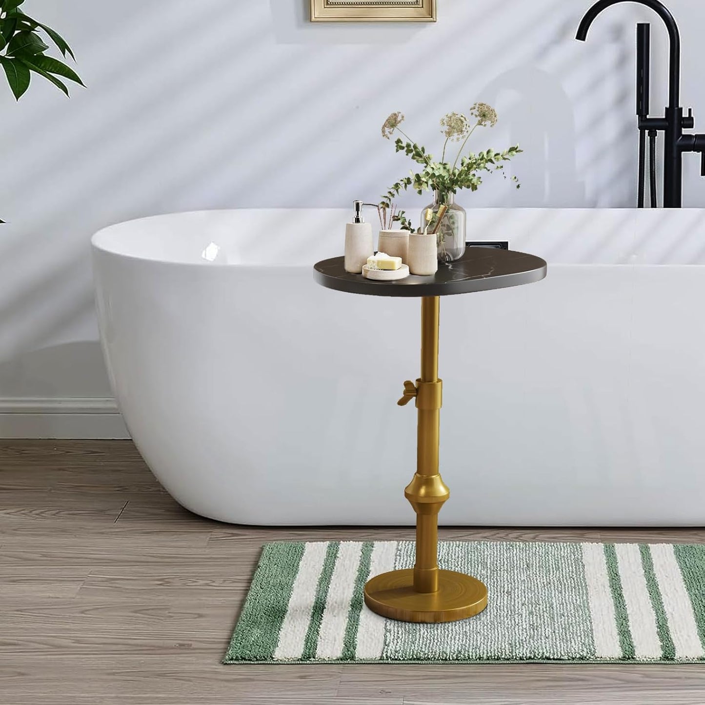 Marble Drink Table, 10"x12"x(22“~30") Martini Table with Metal Antique Brass Adjustable Stand Base, Drink Tables for Small Spaces, Living Room, Bedroom, Or Office (Black)