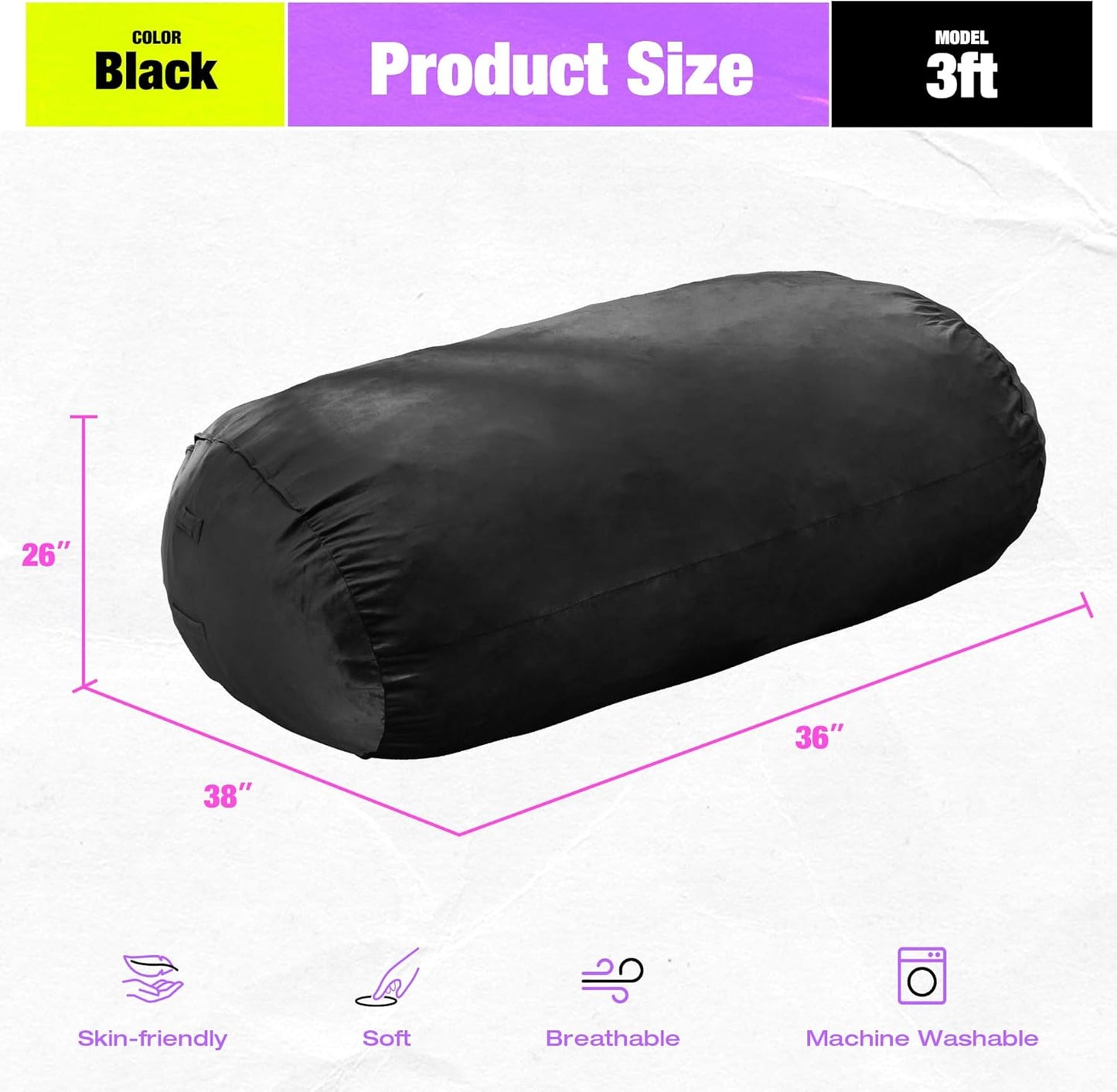 Hobestluk 3FT Bean Bag Chair Large Beanbag with Removable Cover Adult Bean Bag Chair with Portable Handle Desgin for Living Room Bedroom (Black, 3FT)