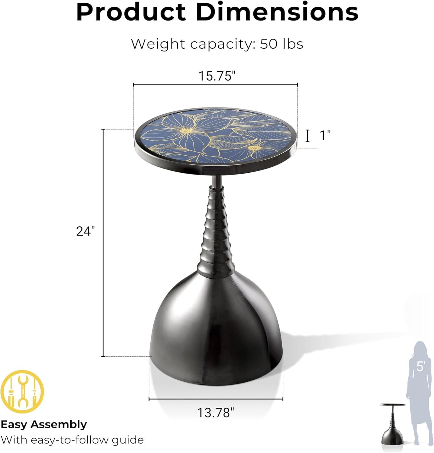 HOMES: Inside + Out Halric Modern 24" Tall Round End Table with Decorated Tabletop and Iron Metal Base, Accent Furniture, Elegant Pedestal Stand for Living Room, Home Office, Black with Floral Print