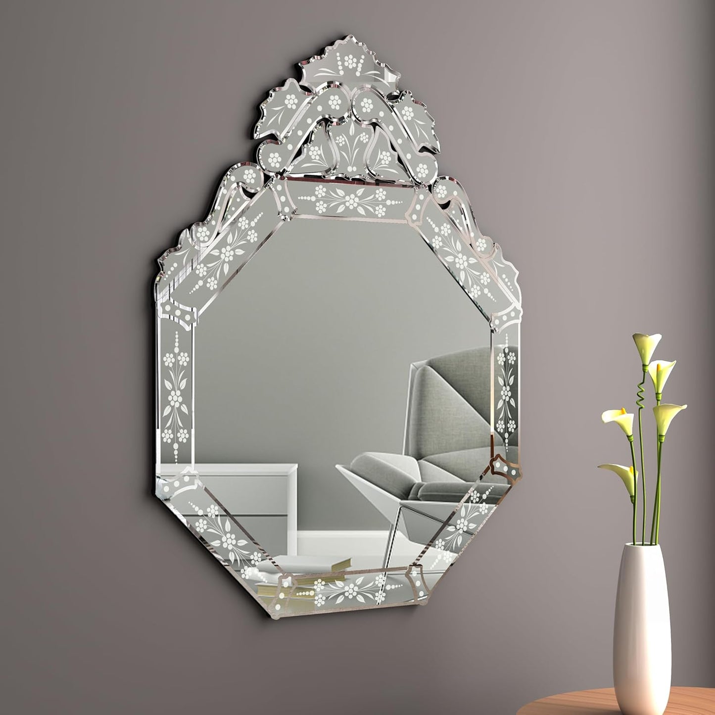 KOHROS Venetian Mirror with Top Crown Arch Floral Etched 32 x 24 Inch Octagonal Bathroom Mirror for Over Sink Frameless Beveled Edge Wall Mirror for Bathroom Vanity Entryway Bedroom