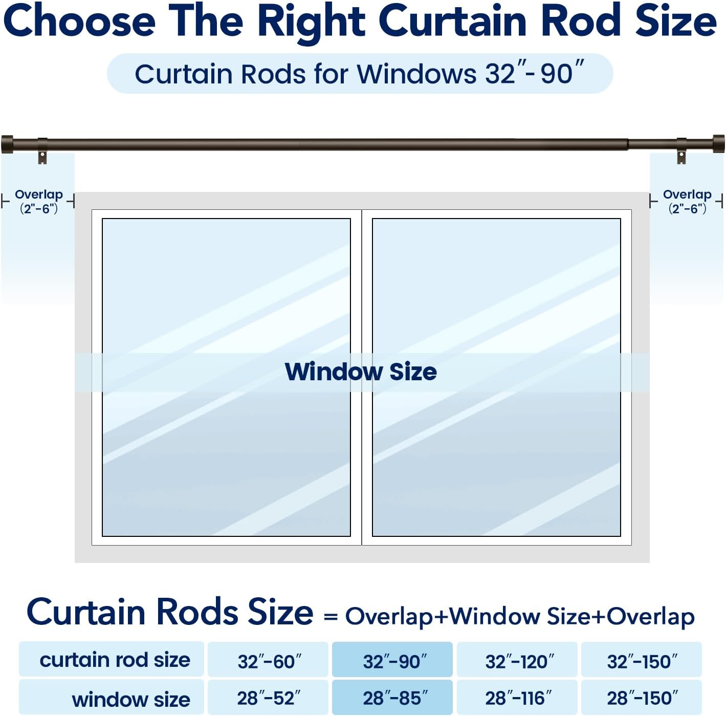 2 Pack Curtain Rods for Windows 48 to 84 Inch(4-7ft), 1 Inch Bronze Adjustable Heavy Duty Long Curtain Rod Set, Modern Style Outdoor Drapery Rods for Patio Bedroom, Size 32"- 90"