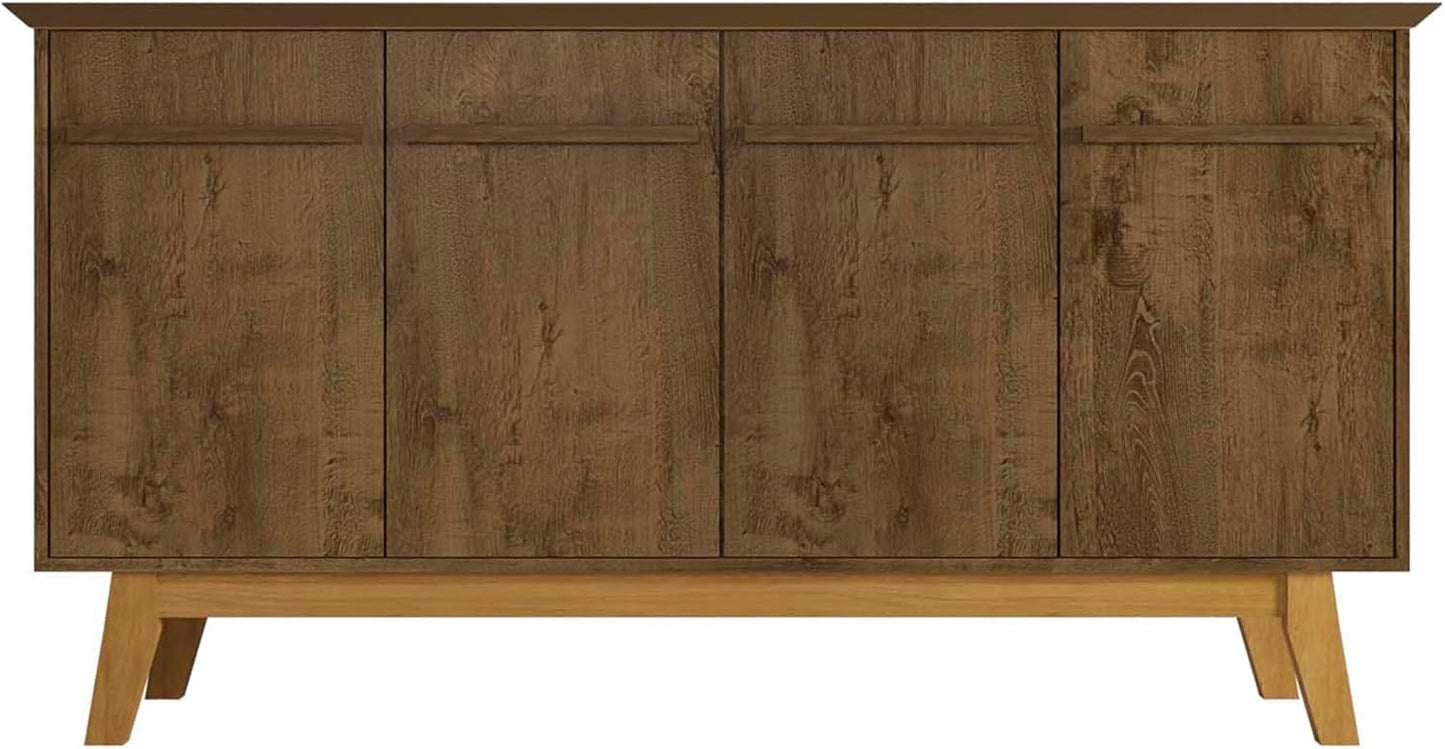 Manhattan Comfort Yonkers 63 Inch Buffet Sideboard with 2 Cabinets & Soft Close Doors, Storage Furniture with Stylish Beveled Top, Solid Wood Legs, Rustic Brown