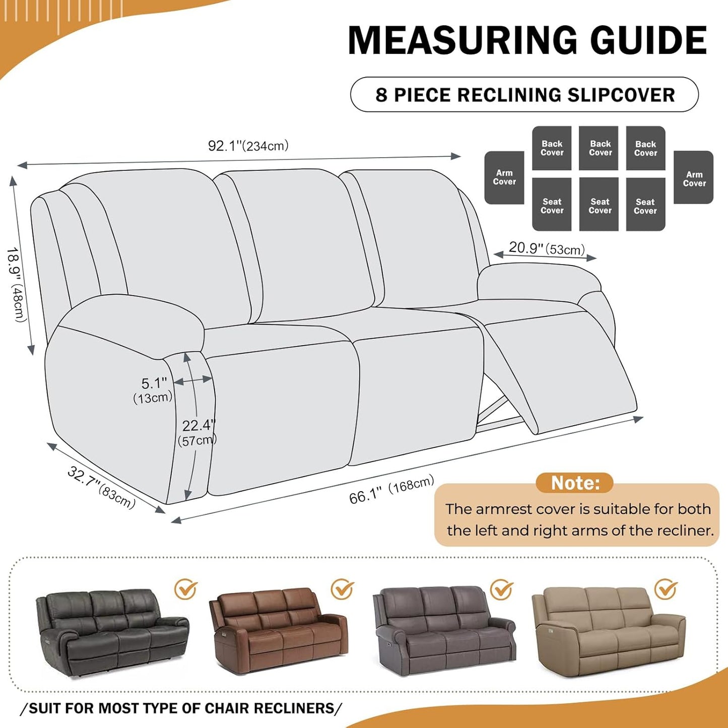 vctops 8 Pieces Geometric Jacquard Plush Recliner Sofa Covers Soft Fuzzy Fluffy 3 Seats Couch Cover Anti-Slip Sofa Slipcover Furniture Protector with Elastic Bottom for Kids Pet(Cream,3 Seat)