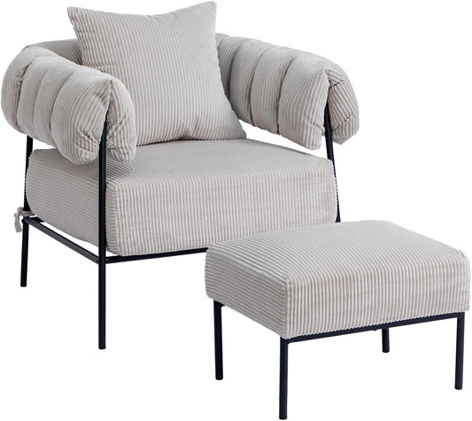 HollyHOME Modern Velvet Accent Chair with Ottoman, Upholstered Comfy Reading Chair and Footstool, Fabric Large Lazy Arm Chair and Stool, Lounge Sofa Chair for Living Room, Bedroom, Grey Chair&Stool