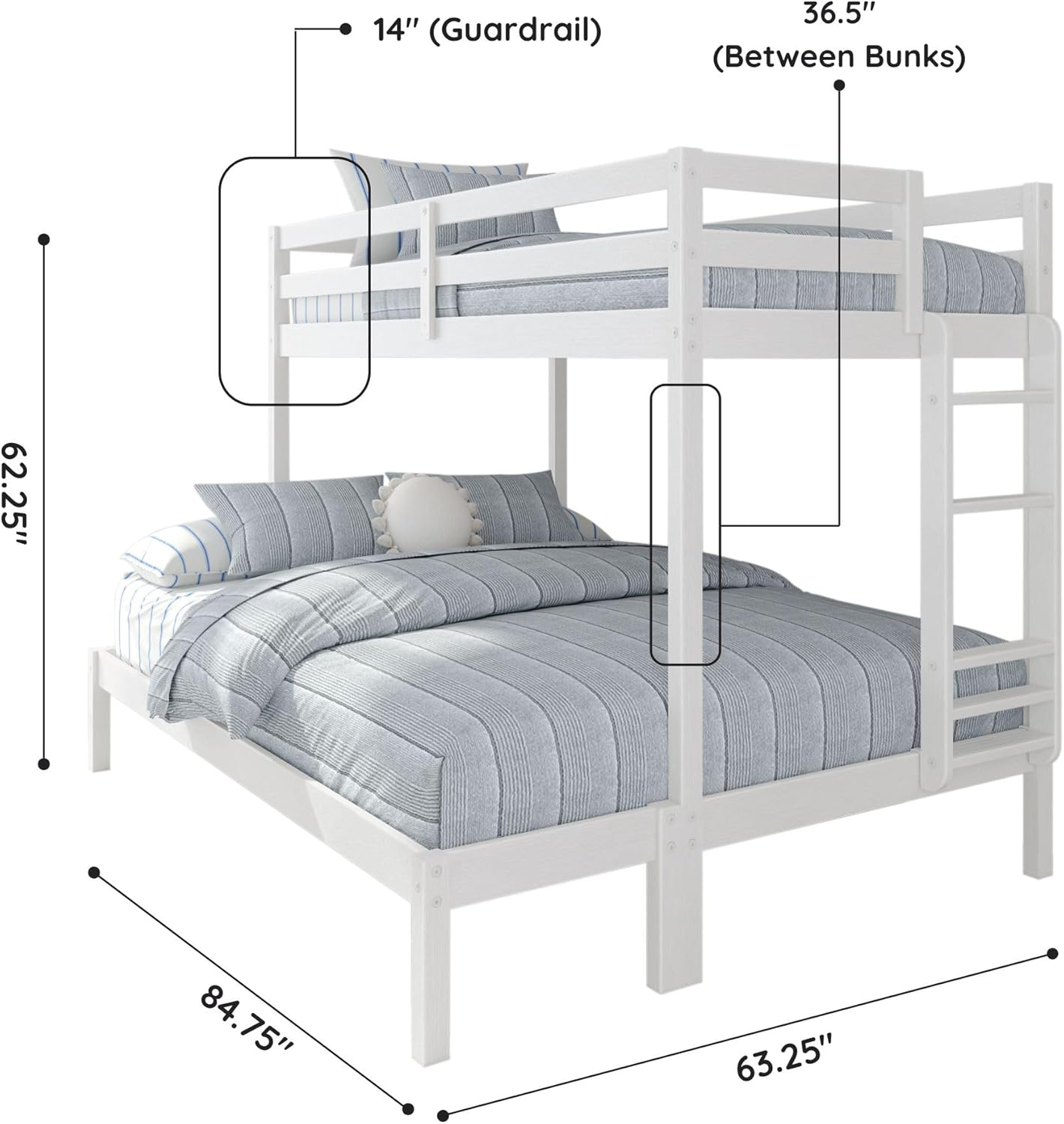 Grain & Grove Bear Twin XL Over Queen Bunk Bed, Sturdy Bunk Bed Frame for Kids, Plywood Bunk with Ladder, Guardrail, and Slats, No Box Spring Required, Brushed White