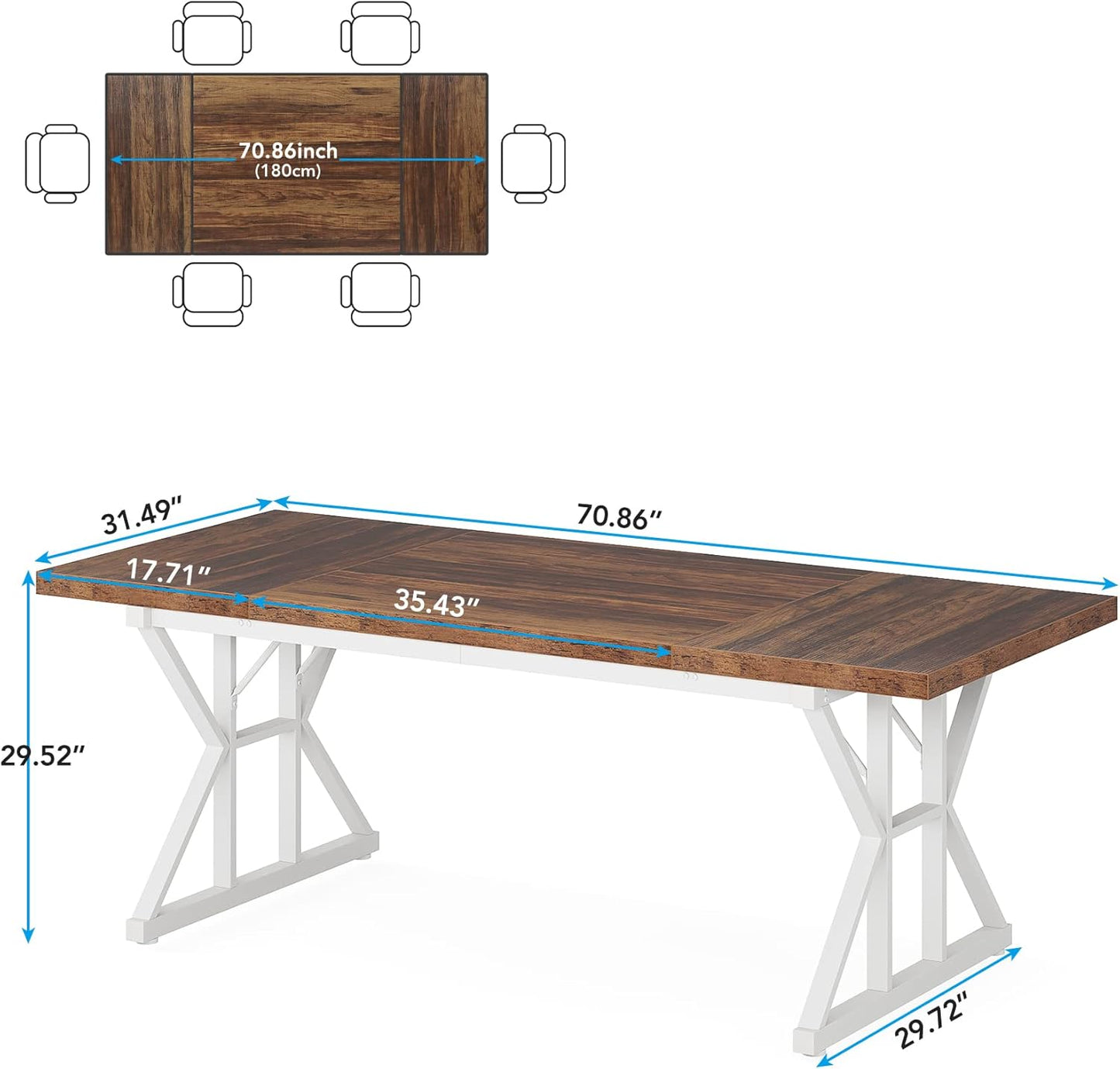 Tribesigns Farmhouse Dining Table for 6 People, 70.8-Inch Rectangular Wood Dining Table, Rustic Kitchen Table with Heavy Duty Metal Legs for Dining Room (Brown/White)