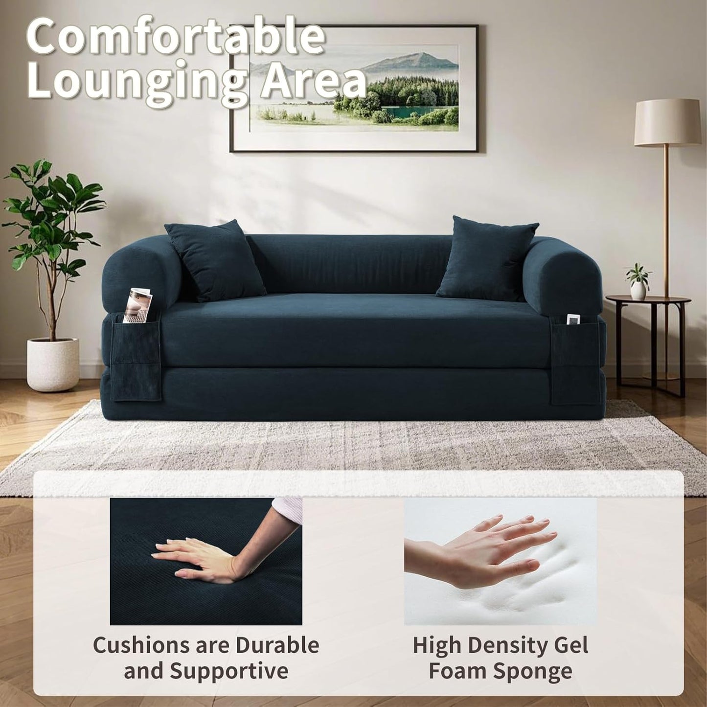 80" Convertible Sofa Bed, Corduroy Deep Seat Folding Pull Out Couch with Pillows, No Assembly Modern Boneless Couch Compression Sofa in Box, Floor Sofa with Storage Pocket for Living Room,Dark Blue