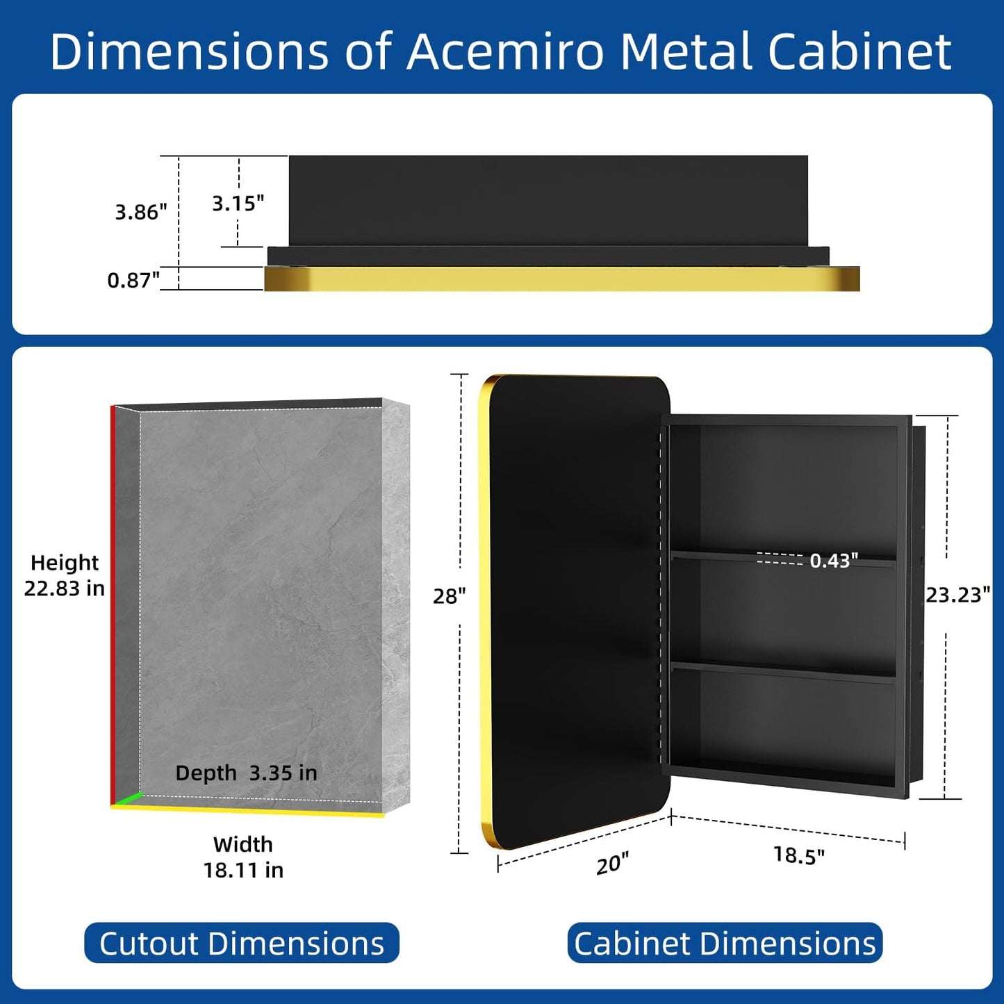 20x28 Inch Gold Recessed Medicine Cabinet with Mirror Metal Framed Surface Wall Mounted Bathroom Medicine Cabinet Mirror with Storage