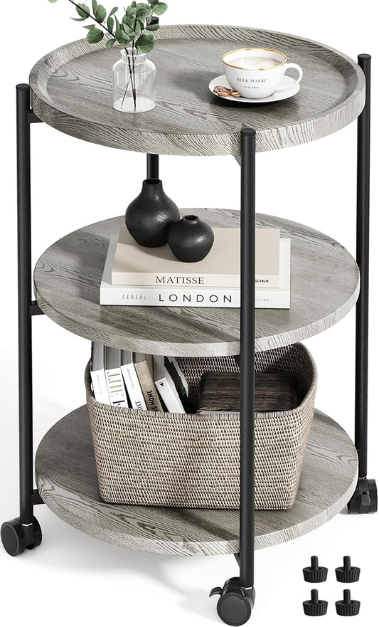 End Tables Living Room, 3-Tier Modern End Table with Wheels, Small Side Table Nightstand Bedside Table for Living Room, Bedroom, or Small Spaces-Gray