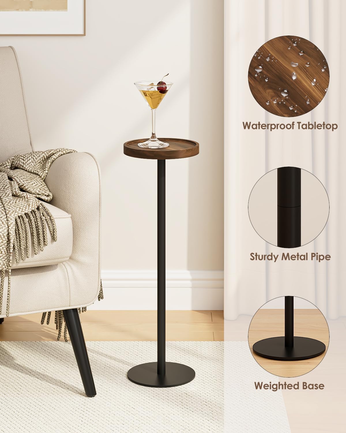 Drink Table, Small Pedestal Side Table, Round Cocktail Table, Circle Accent End Table with Metal Base, for Small Spaces (1, Brown Walnut)