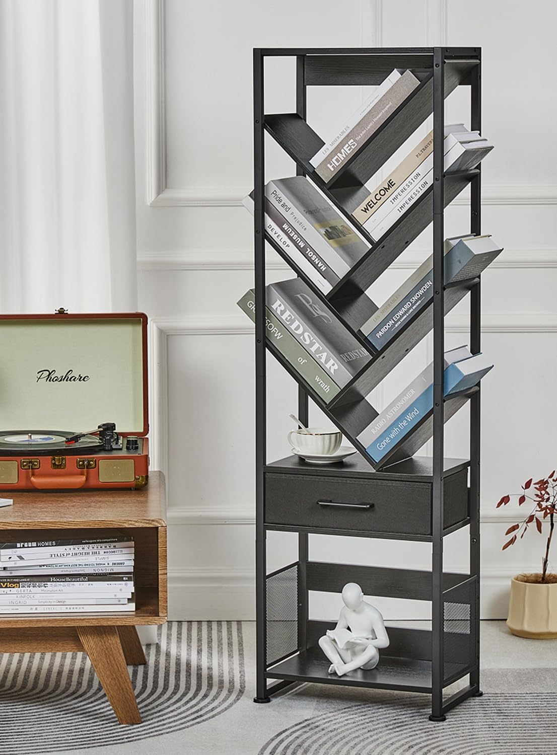 Bookshelf with Drawer,10 Tier Tree Bookcase Retro Floor Standing Bookshelves,Tall Wood Bookcases with Cabinet Storage Organizer for Living Room, Bedroom & Home Office, Black