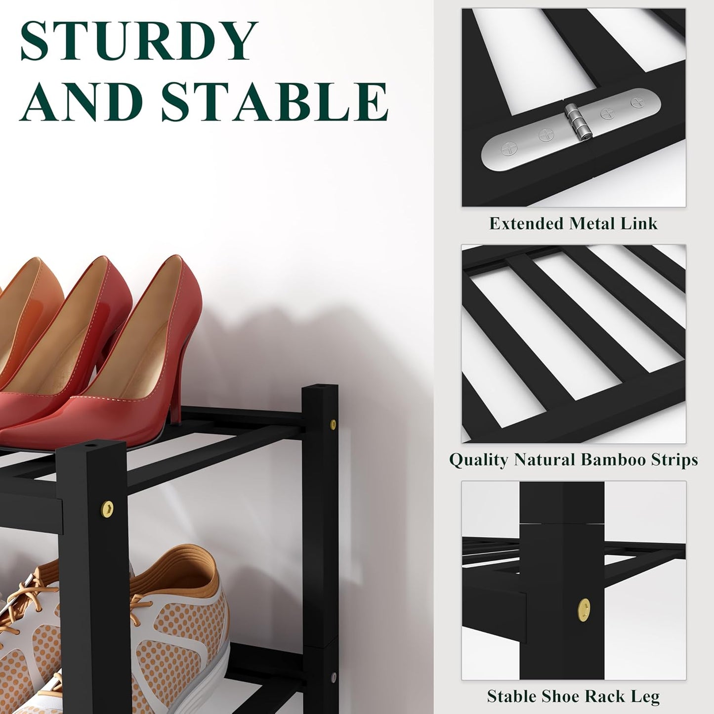 Smiry Shoe Rack, 4 Tier Bamboo Shoe Organizer, Stackable Free Standing Wooden Shoe Storage Shelf for Closet, Entryway, Front Door Entrance, Black