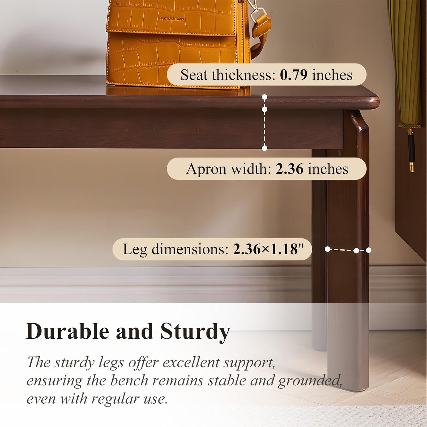 Dining Bench, Solid Wood Bench with Wide Seat, Mid Century Modern Bench, End of The Bed Bench, 47.2" L x 11" W x 16.5" H(Walnut)