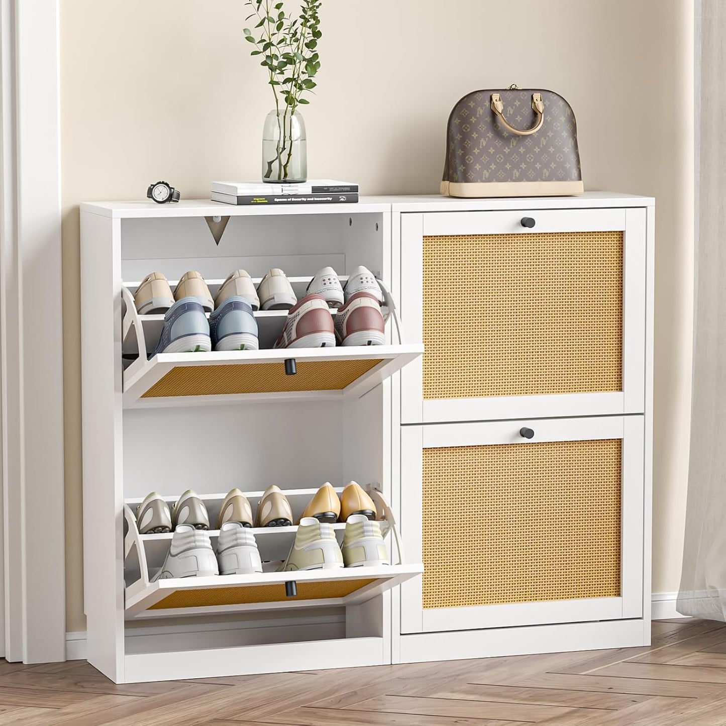 Shoe Storage Cabinet for Entryway with 2 Flip Drawers, Narrow Wood Shoe Cabinet with Rattan Panel, Freestanding Hidden Shoe Organizer for Foyer, Hallway, Small Space (White)