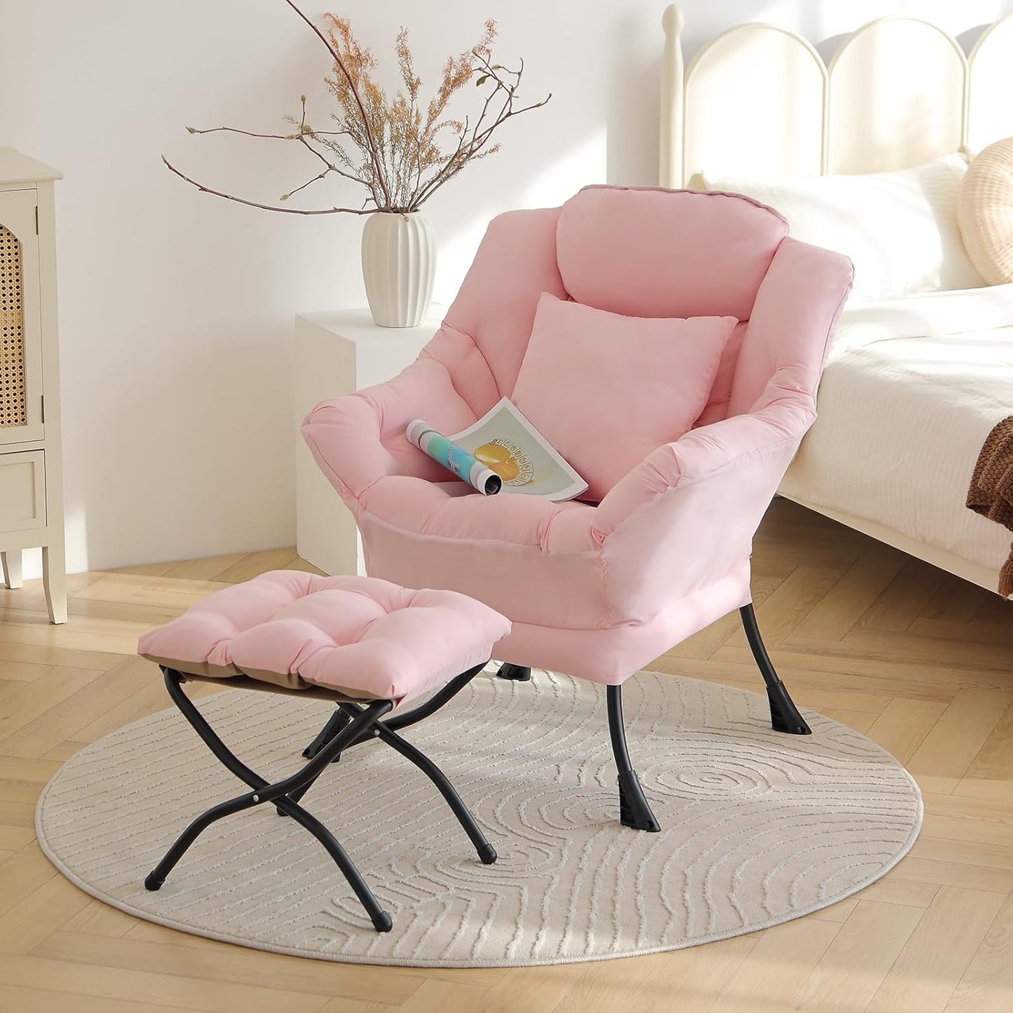 Large Lazy Chair with Ottoman, Accent Reading Chair with a Throw Pillow, Cozy Lounge Armchair, Leisure Sofa Chair for Living Room, Bedroom, Dorm, Peach Pink