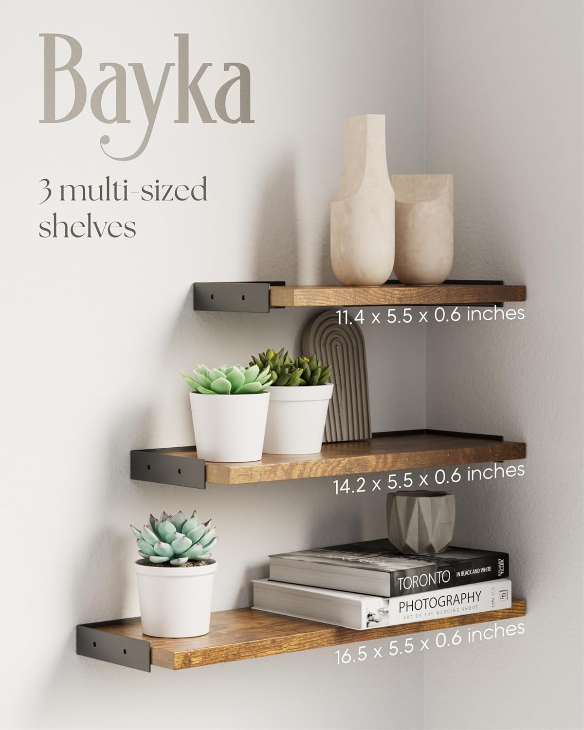 BAYKA Wall Shelves for Bedroom Decor, Floating Wall Shelves for Living Room Kitchen Storage, Wall Mounted Rustic Wood Floating Shelves for Kids Books, Corner Shelf for Bathroom(Rustic Brown，Set of 4)