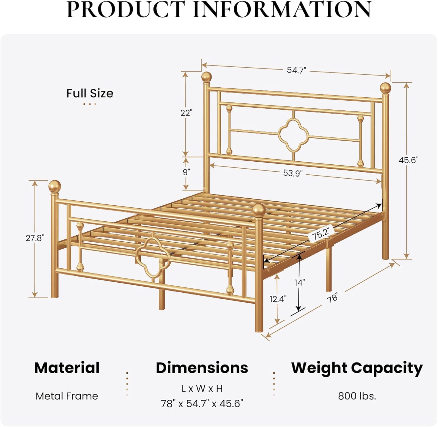 SHA CERLIN 14 Inches Full Size Metal Platform Bed Frame/Vintage Iron-Art Headboard and Footboard/Mattress Foundation for Storage/No Box Spring Needed/Noise-Free/Easy Assembly/Gold