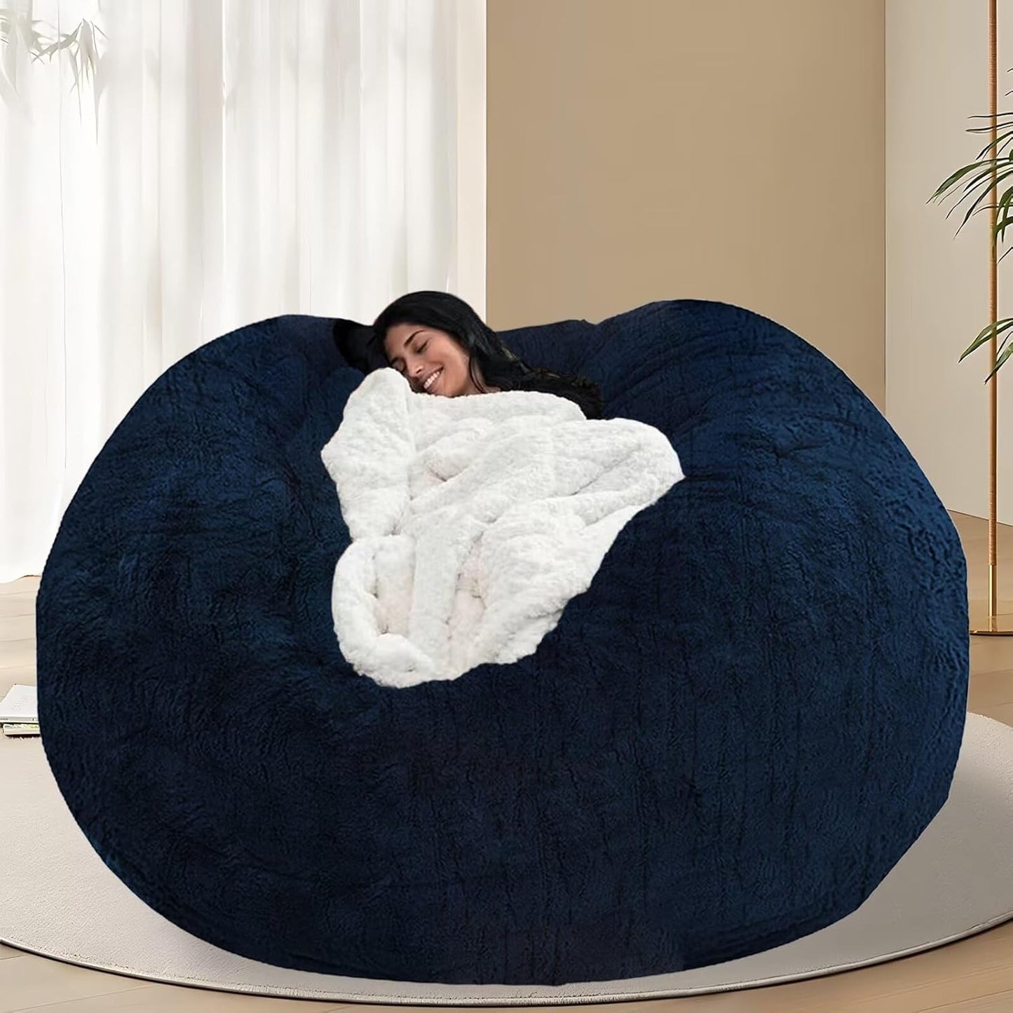 BCU 6FT Bean Bag Chair for Adults and Kids Without Filler Giant Stuffed Animal Storage Cover Soft Faux Fur Floor Chair Cover for Bedroom Living Room, Dark Blue