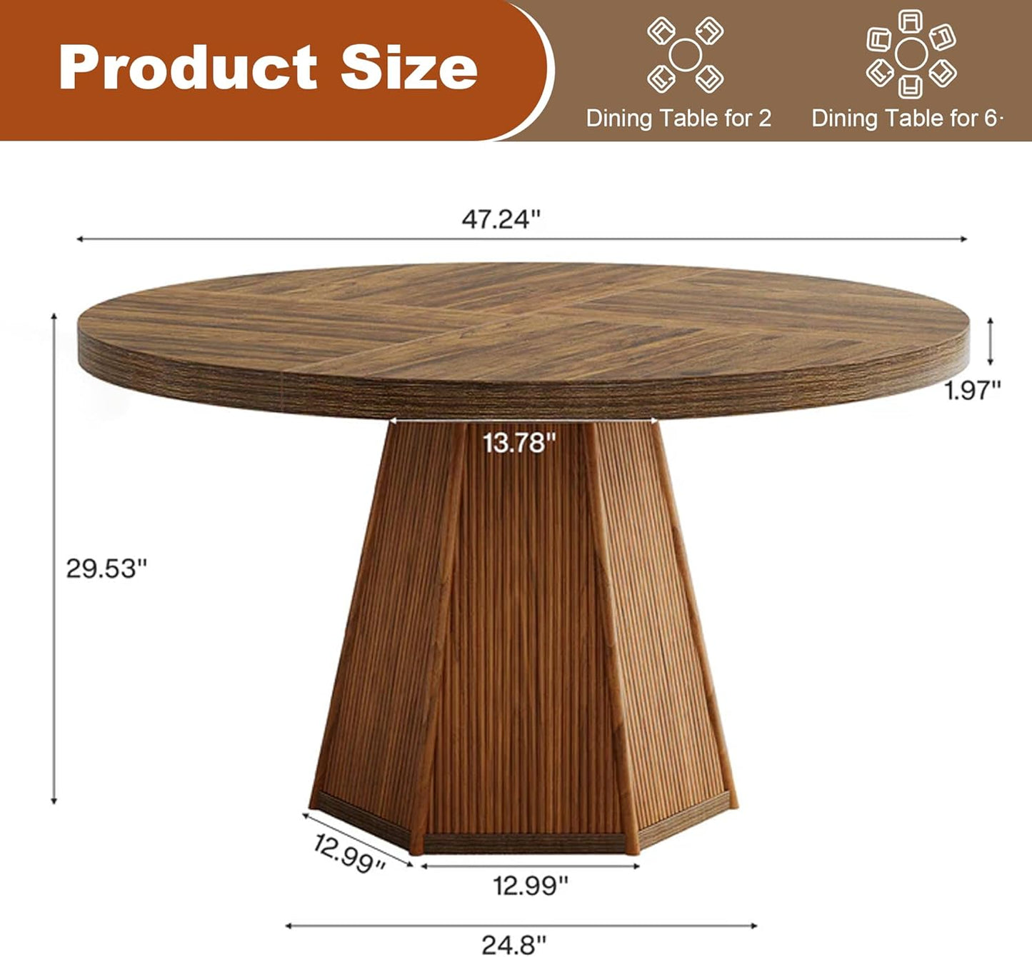 Round Dining Table for 4, 47 Inch Dinner Table Square Farmhouse Kitchen Tables with Sturdy Wooden Pedestal Base for Dining Room, Kitchen, Living Room, Dark Brown