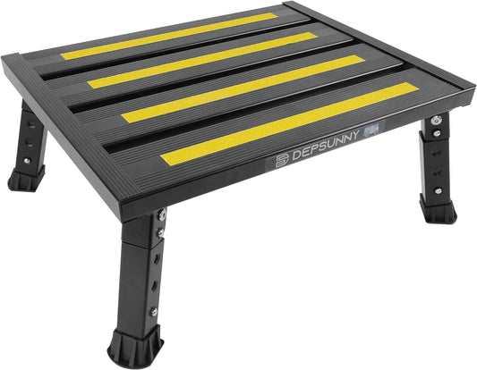 Adjustable Height Aluminum RV Step, Stable Foldable Platform Step Stool, Supports Up to 1,000 lb, Non-Slip Rubber Feet and Platform Mat, Easy to Carry (Black)