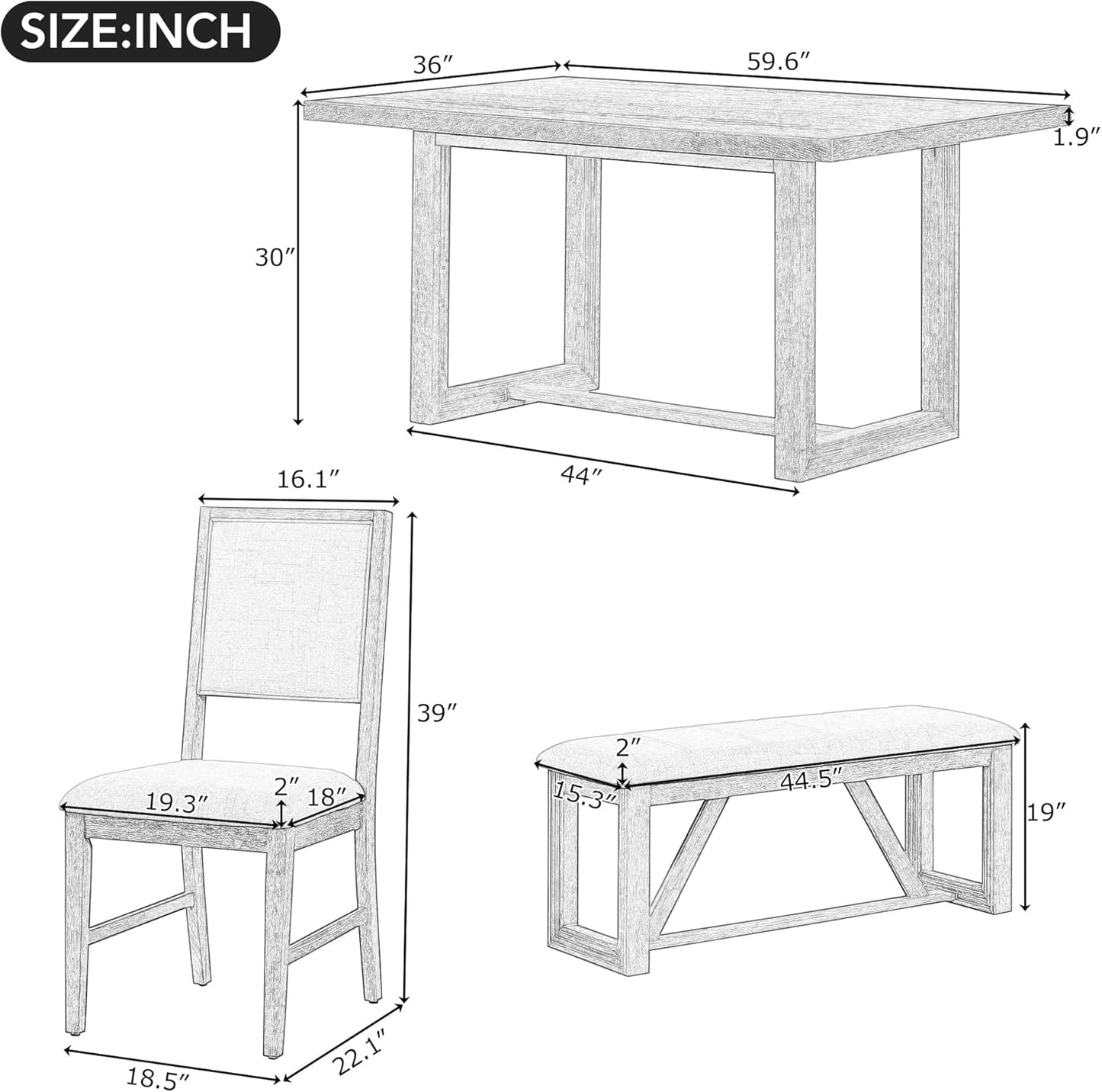 Ball & Cast 6-Piece Dining Table Set for 6 People, 60" Wood Dining Kitchen Table & Chairs Set, Dining Room Table with Upholstered Chairs and 1 Bench, Perfect for Dining Room, Kitchen,Natural