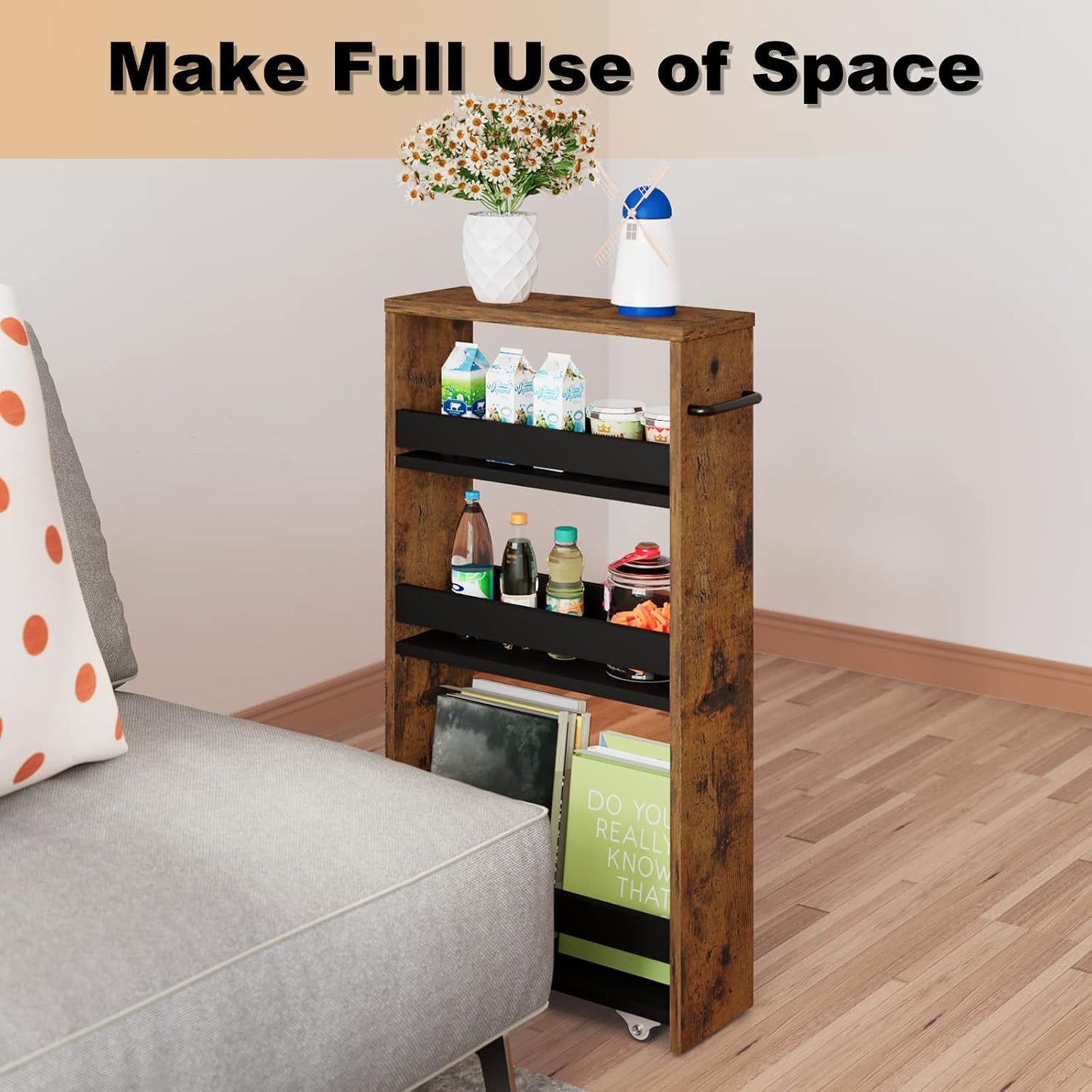 MARTY Slim Rolling Cart 4-Tier Utility Carts with Wheels Handle, Kitchen Storage Cart Slide Out Mobile Shelving Unit Organizer for Bathroom Laundry Room Organization Narrow Places (Rustic Brown)